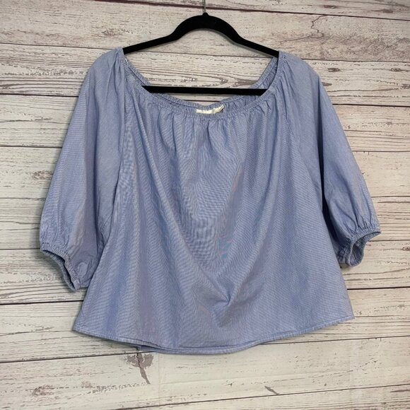 Maeve BlueWhite Microstripe Oversized Peasant Crop Top Med - Picture 2 of 6